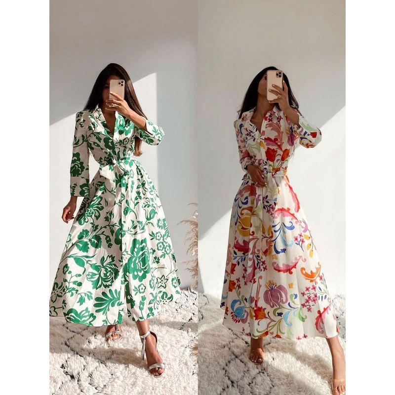 Women Printed Long Sleeve Dress Women's Printed Shirt Long Sleeve Lace-up Dress