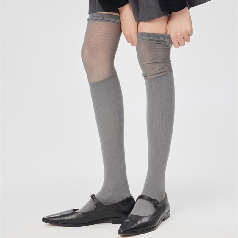 Solid Color Stretch Ruffle Trim Over Knee Long Socks for Women Japanese Student Sheer Mesh Splicing Thigh High Stockings