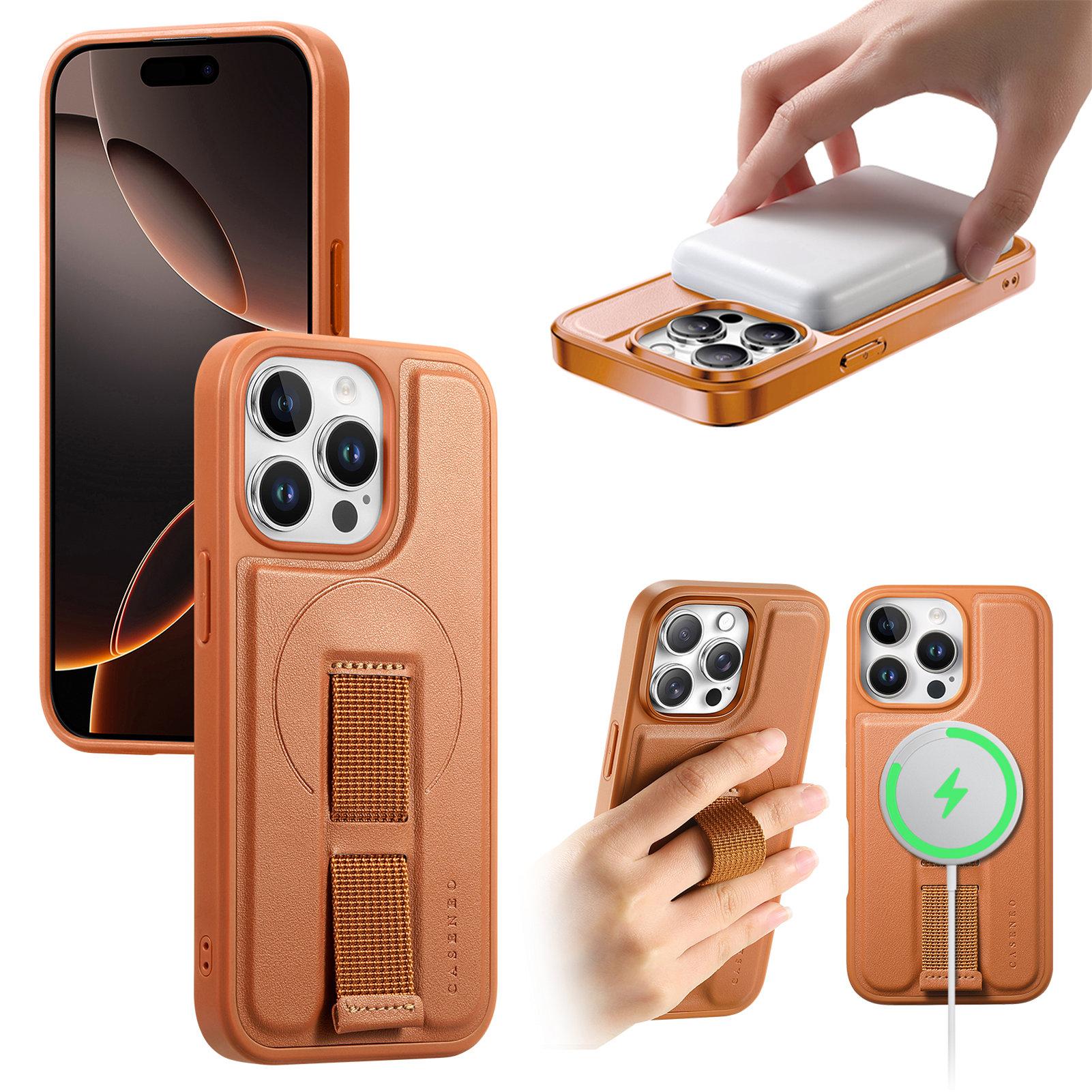 

For iPhone 13 Pro Max 6.7 inch Magnetic Case CASENEO Wristband PU Leather+PC Shockproof Phone Cover Brown