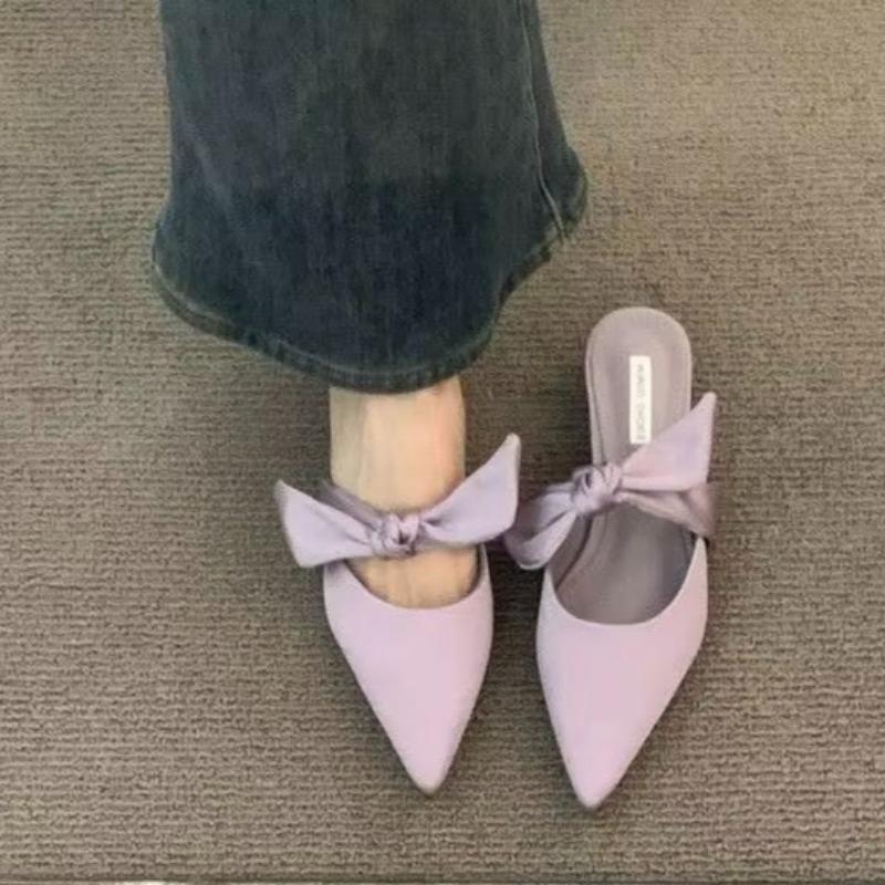 Low Heel Slippers Spring New Pointed Head Shallow Mouth Cow Suede Butterfly Knot Set Foot Anti-slip Wear-resistant Sandals