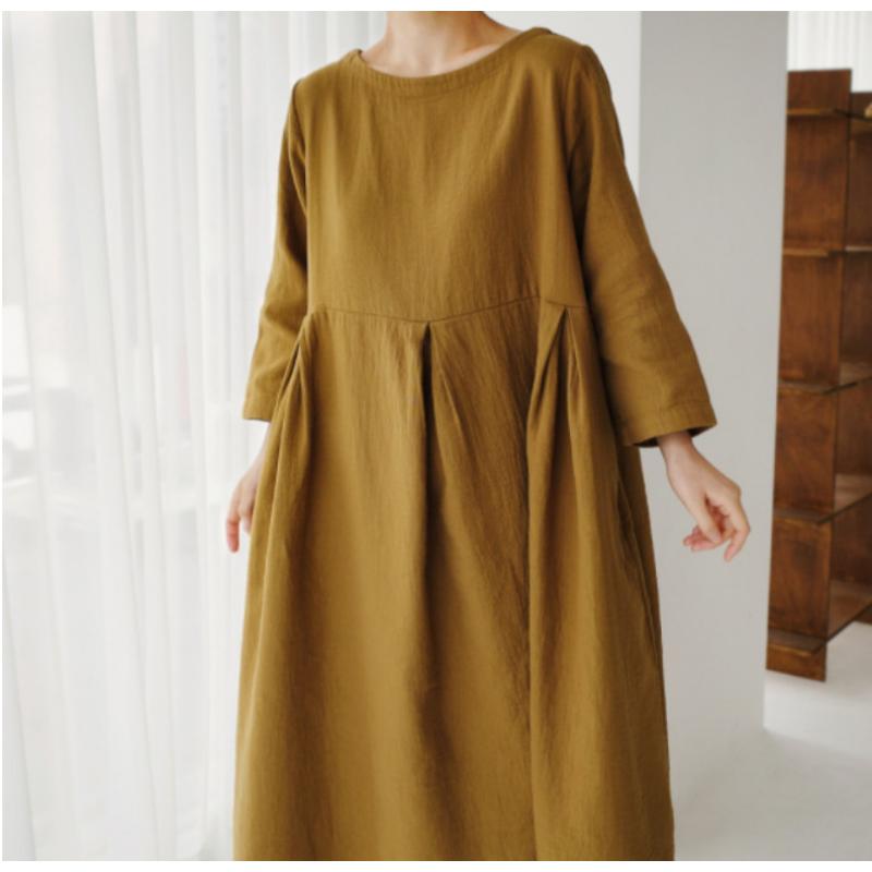 New Women's Plus Size Cotton Linen Dress, Loose Fit Round Neck Long Sleeve Knee-Length Pullover, Japanese Korean Forest Girl Style Casual Summer Dress