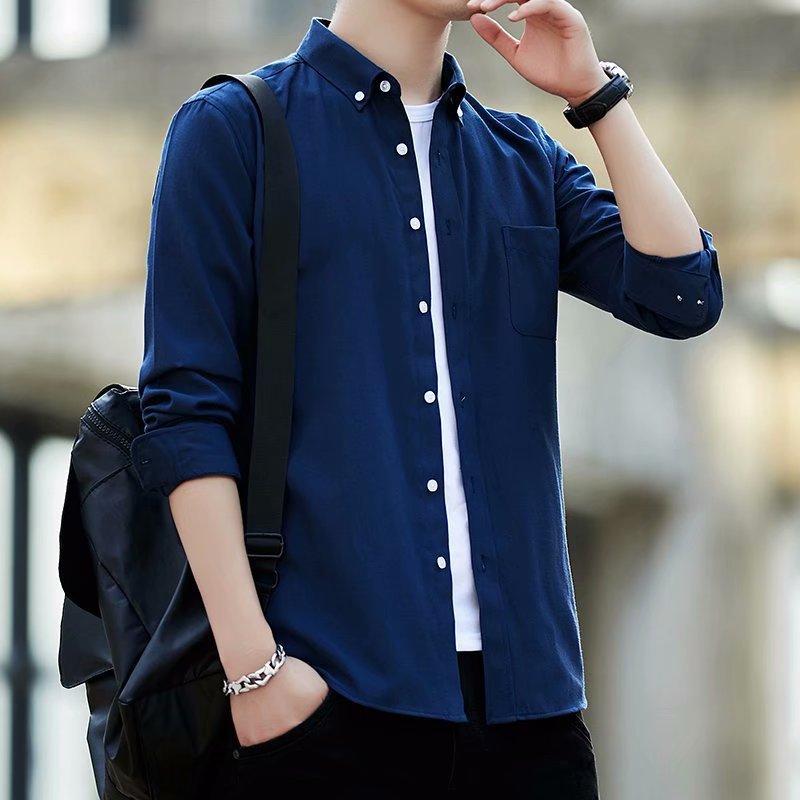 New Men's Long Sleeve Shirt Men's Oxford Casual Shirt Men's Slim Korean Solid Color Shirt