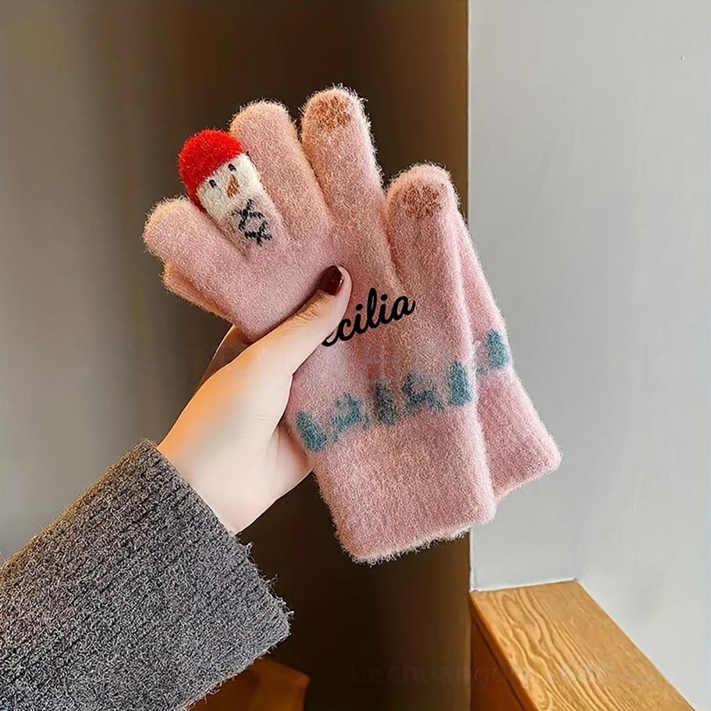 Personalized Custom Embroidered Wool Gloves For Women Winter Cute Snowman Knitted Screen Thick Warm Cycling Five Winter Cold-proof Cotton