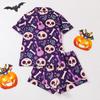 Ladies Pajamas Halloween Printed Lapel Short Sleeve Shorts Loungewear Set