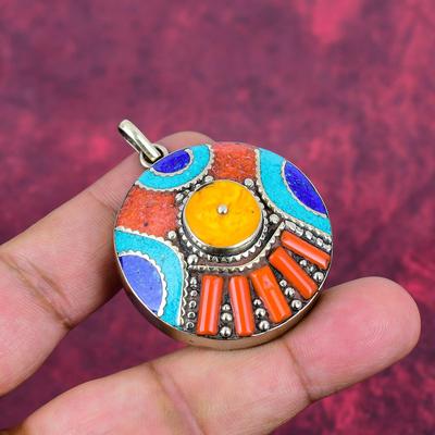 Turquoise, Coral & Lapis Lazuli Pendant, Gemstone 925 Solid Sterling Silver Jewelry Pendant, Handmade Jewelry Birthstone Pendant, Gift For Him