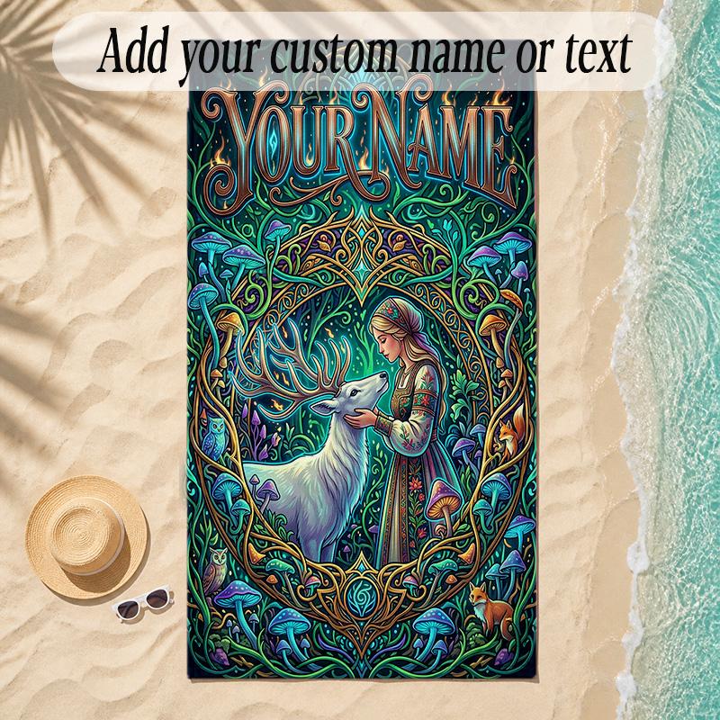 Forest Theme Soft Beach Towel Personalized Custom Name Text Towel Portable for Beach Pool Travel