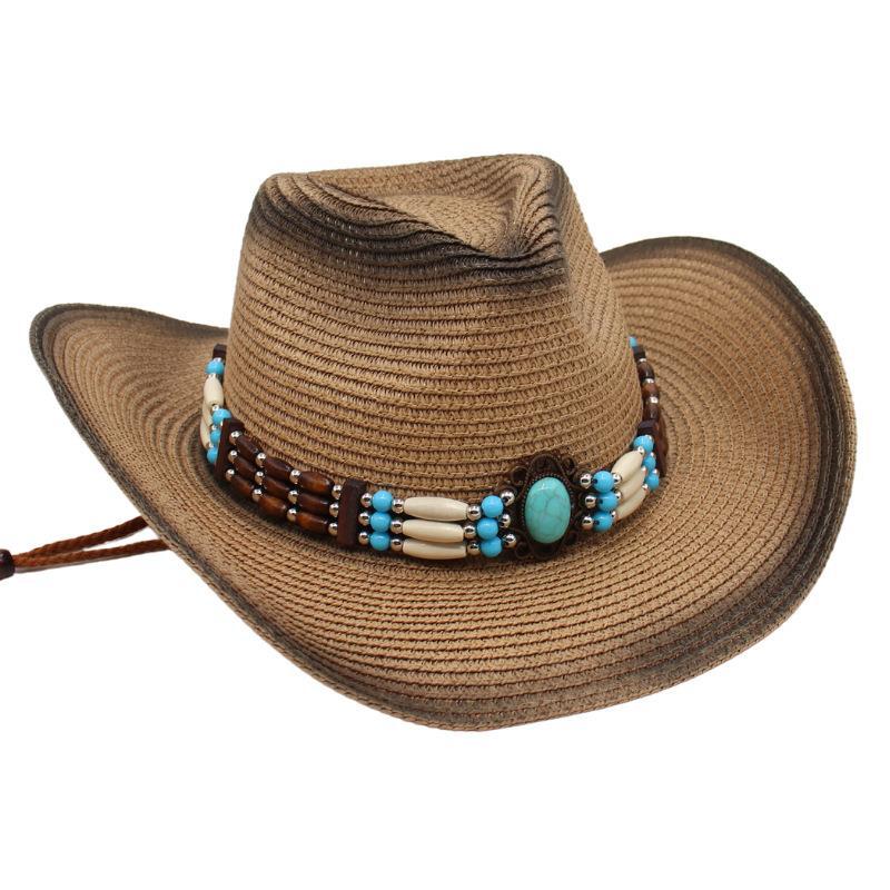 Gem Western Cowboy Straw Hat Seaside Sunscreen Sun Hat Ethnic Breathable Hand Woven Beach Hat