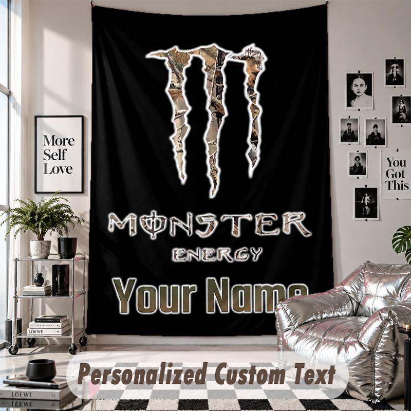 Wall Hanging Tapestry With Custom Name & Text, Monster Energy Decorative Tapestry For Bedroom
