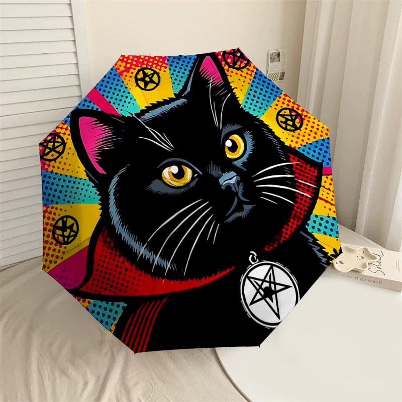 Black Cat with Pentagram Necklace Pop Art Print Umbrella - Auto Open/Closed, Outdoor Travel Accessory, Lightweight and Durable 056