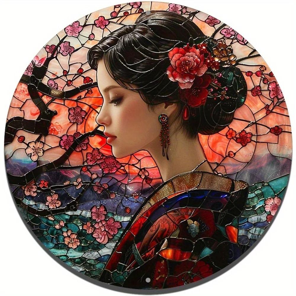 Metal Wall Art Tin Sign Japanese Kimono Round 2D Art Design 20cm