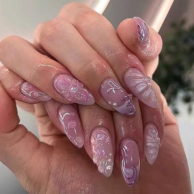 24 Pieces Handmade Magic Mirror Powder 3D Three-dimensional Manicure Fake Nail Flower Pearl Wearing Nail Piece Bubble Bead Wearing Nail