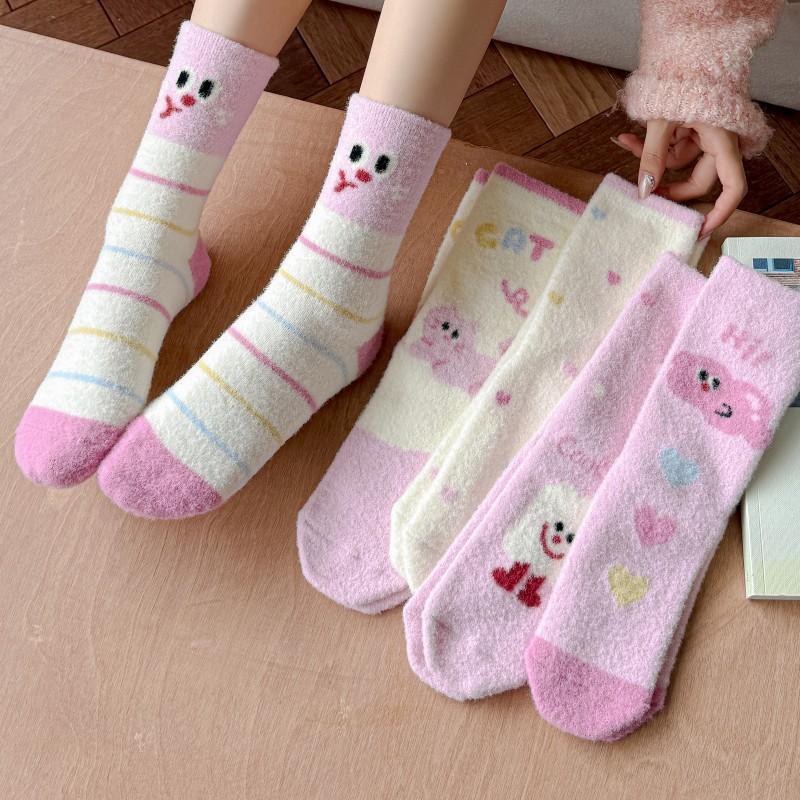 Plush Socks, Thick and Warm Mid-calf Socks for Autumn and Winter, Cute Cartoon Pink, Winter Home Furry Sleeping Socks