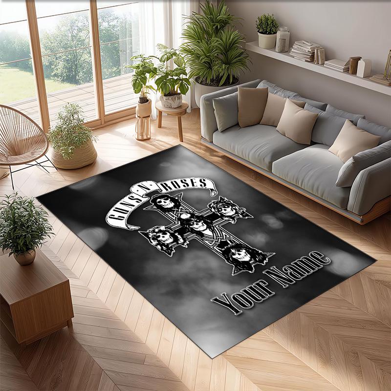 Guns N’ Roses Crystal Velvet Rug, Custom Name Text Personalized Non‑Slip Floor Mat for Home Decor Gift