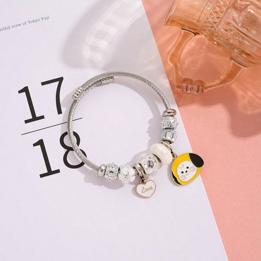 Braccialetto in Acciaio Inossidabile Stile Kpop Anime LINE FRIENDS BT21 Braccialetto di Cristallo con Ciondolo a Forma di Cuore per Giovani Stile Coreano Cartoon Fai da Te