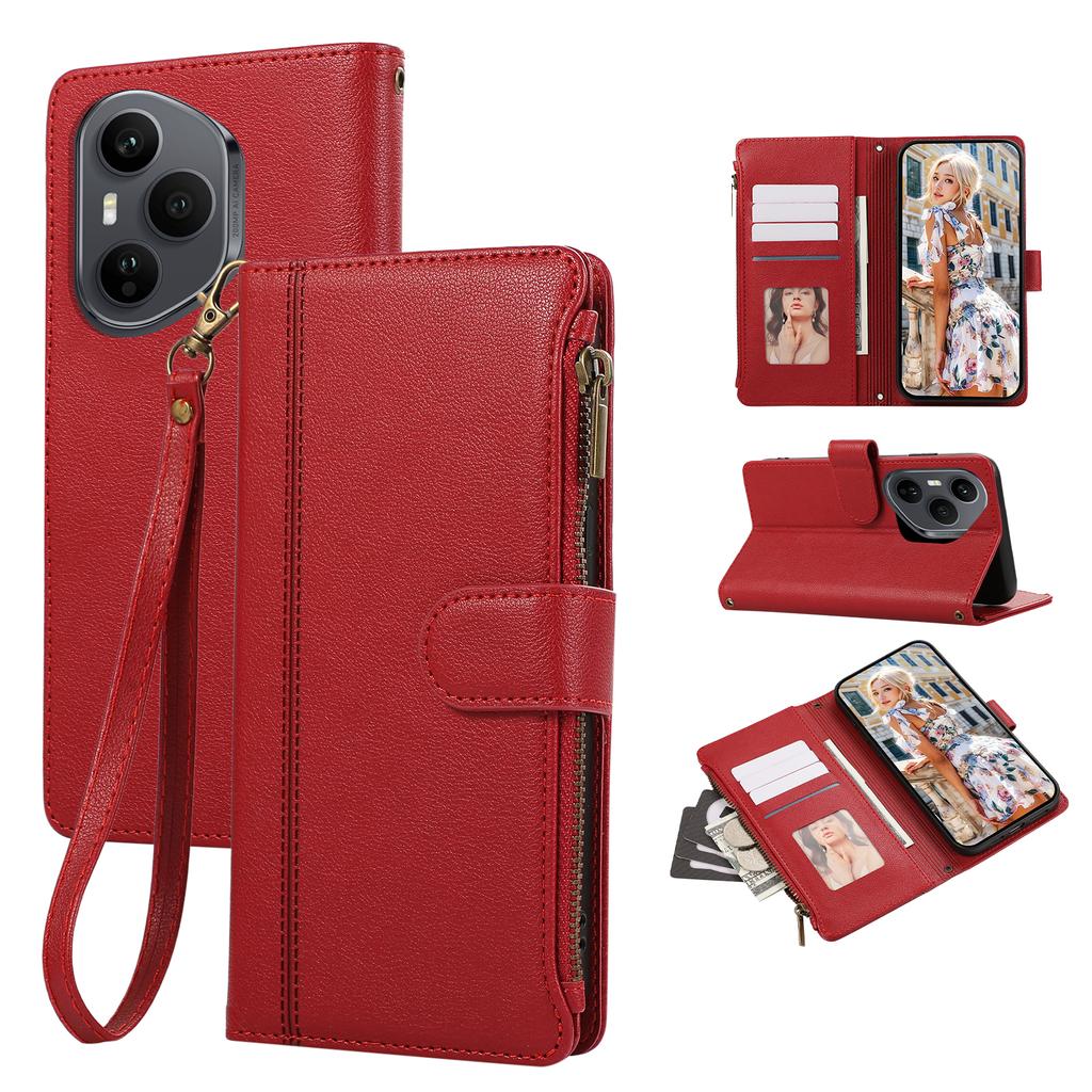 Dla Honor 400 Pro 5G (Światowy) Etui z wieloma przegródkami na karty, zapinane na zamek, skórzane etui na telefon z paskiem na nadgarstek