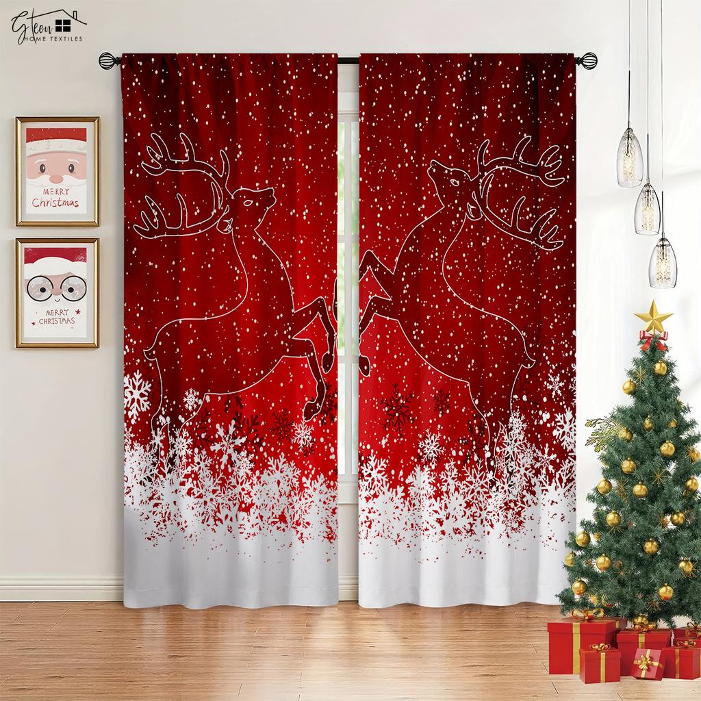 2-Piece Christmas Decor Drapes Fireplace Christmas Tree Cartoon Print Design Bedchamber Dining Room Party Decoration Curtains