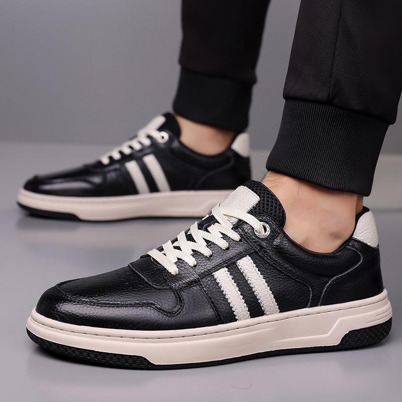 

New Shoes for Men Genuine Leather Casual Shoes Fashion Striped Flat Skateboard Shoes Street Cool Sneakers 44 чёрный