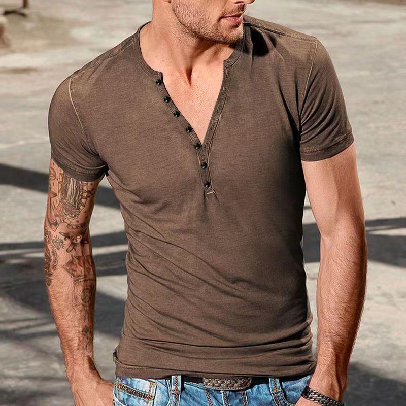 Summer New Men's Casual Henry V-neck Short-sleeved T-shirt Men's Slim-fit Sports Base Shirt Top Men