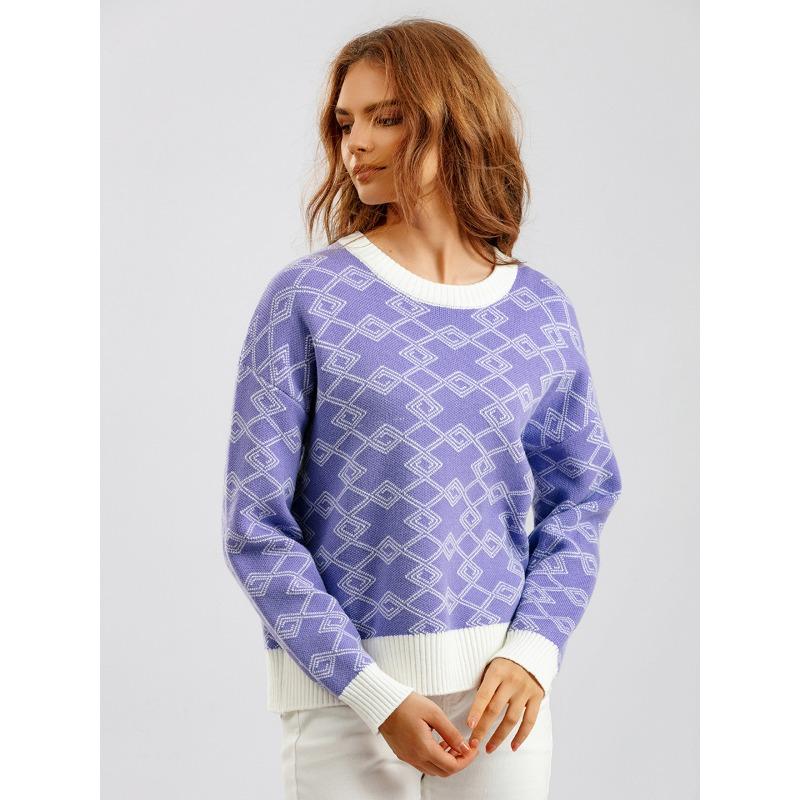 Suéter feminino de manga comprida jacquard para outono e inverno, gola redonda solta e versátil