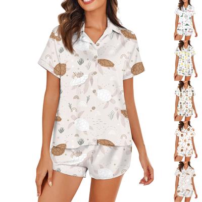 Women's Silk Pajamas Button Home Clothes Star Print Short Sleeve Satin Pajama Set 2 Piece Set