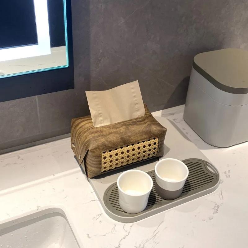 PU Leather Tissue Box with Wood Grain Texture, Multi-Scenario Luxury Napkin Holder for Hotel/Home/Car, Scratch-Resistant Surface