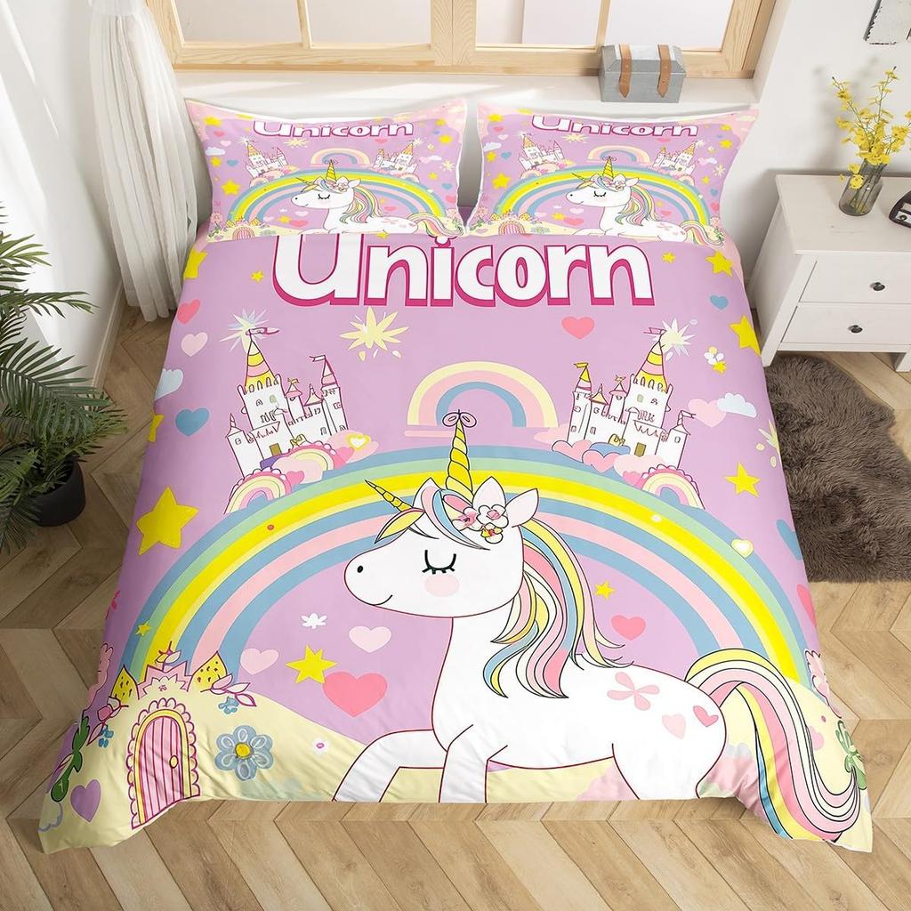 Children Kids Unicorn Soft Duvet Cover Single Quen King, Adorable Lovely Cat Carton Warm Comforter Cover featuring 2 Pilowcase Fish Scale Beding Set