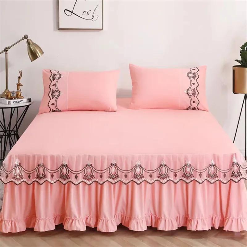 3pcs Bed Skirt Bedspread Pillowcase Ruffle Lace Anti Slip 1.8x2.0m Bed Cover Solid Colour Lace Mattress Dust Bedding Cover