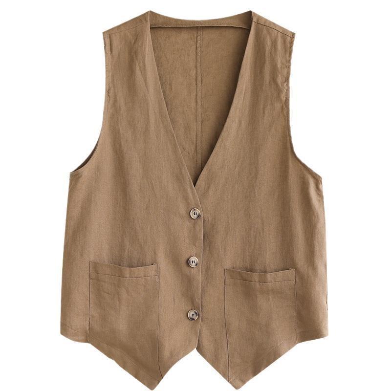 Summer Cotton and Linen Vest Women's Thin V-neck Short Vest Solid Color Sleeveless Jacket