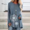 Damen-Tunika-Oberteil in Übergröße mit Löwenzahn-Print, Longline-Shirt, Rundhalsausschnitt, Langarm, Pullover, T-Shirt, lässige Bluse mit lockerer Passform für die Arbeit, den Alltag