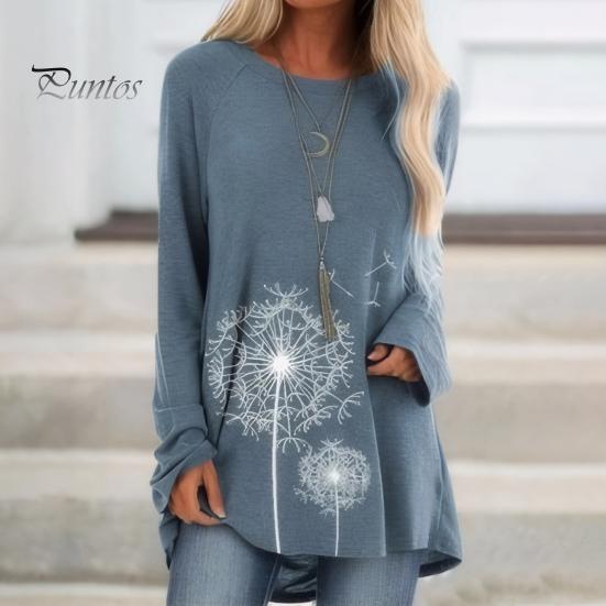 Damen-Tunika-Oberteil in Übergröße mit Löwenzahn-Print, Longline-Shirt, Rundhalsausschnitt, Langarm, Pullover, T-Shirt, lässige Bluse mit lockerer Passform für die Arbeit, den Alltag