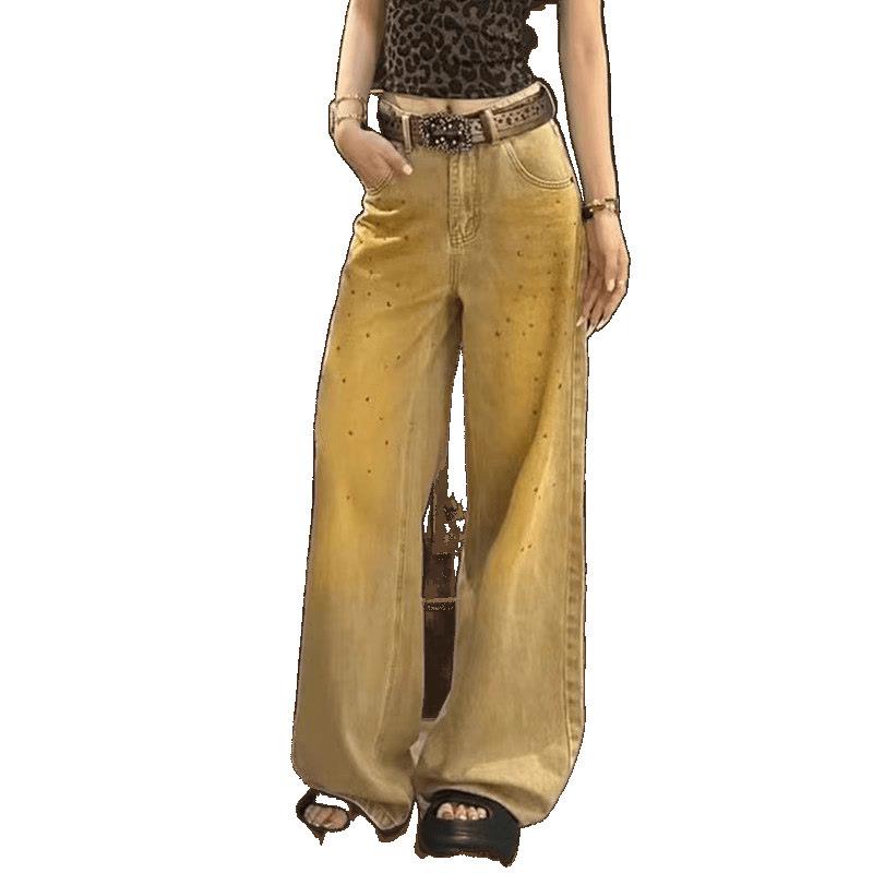 Women's 2025 Summer Retro Distressed Washed Wide-Leg Riveted Jeans