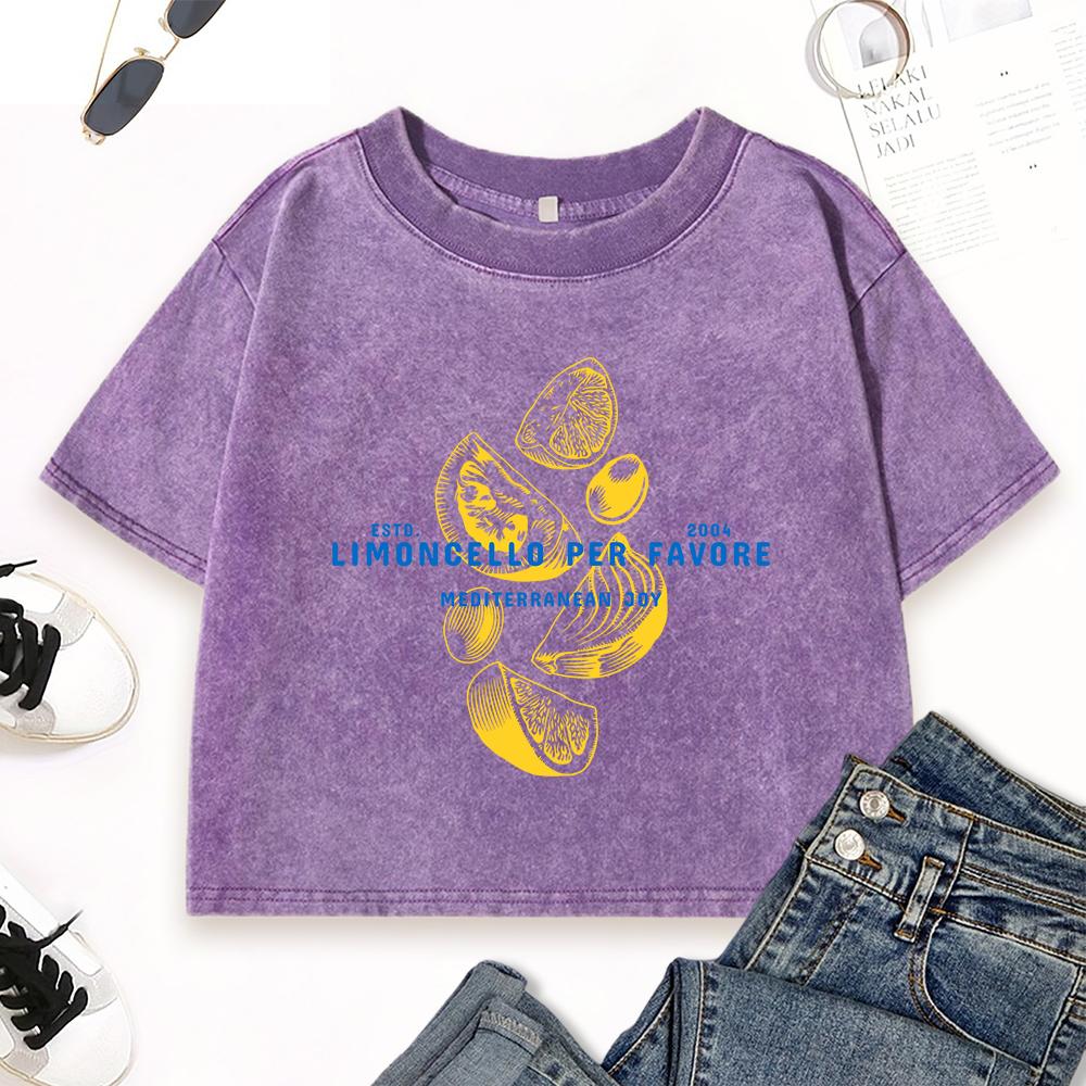 Lemon Cello Art Letter Printed Washed Crop T-Shirts Womens Multicolor Cotton T-Shirt Summer Slim Clothing Sport Tops