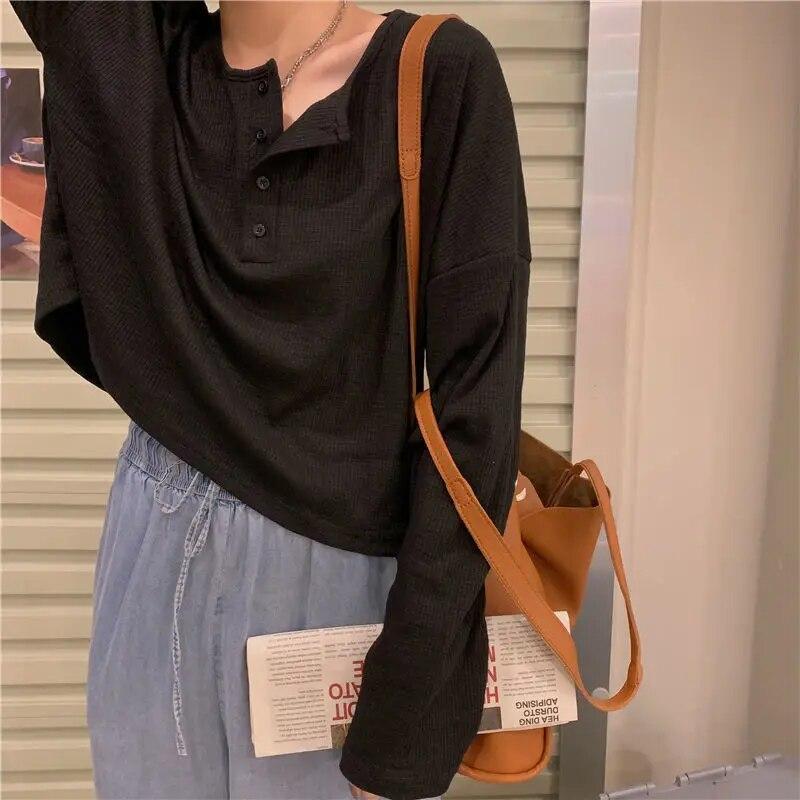 VAYLA Long Sleeve T-shirts Women Elegant Simple Pure Button Design Retro Ins Ladies Tees Top All-match BF Style Clothes