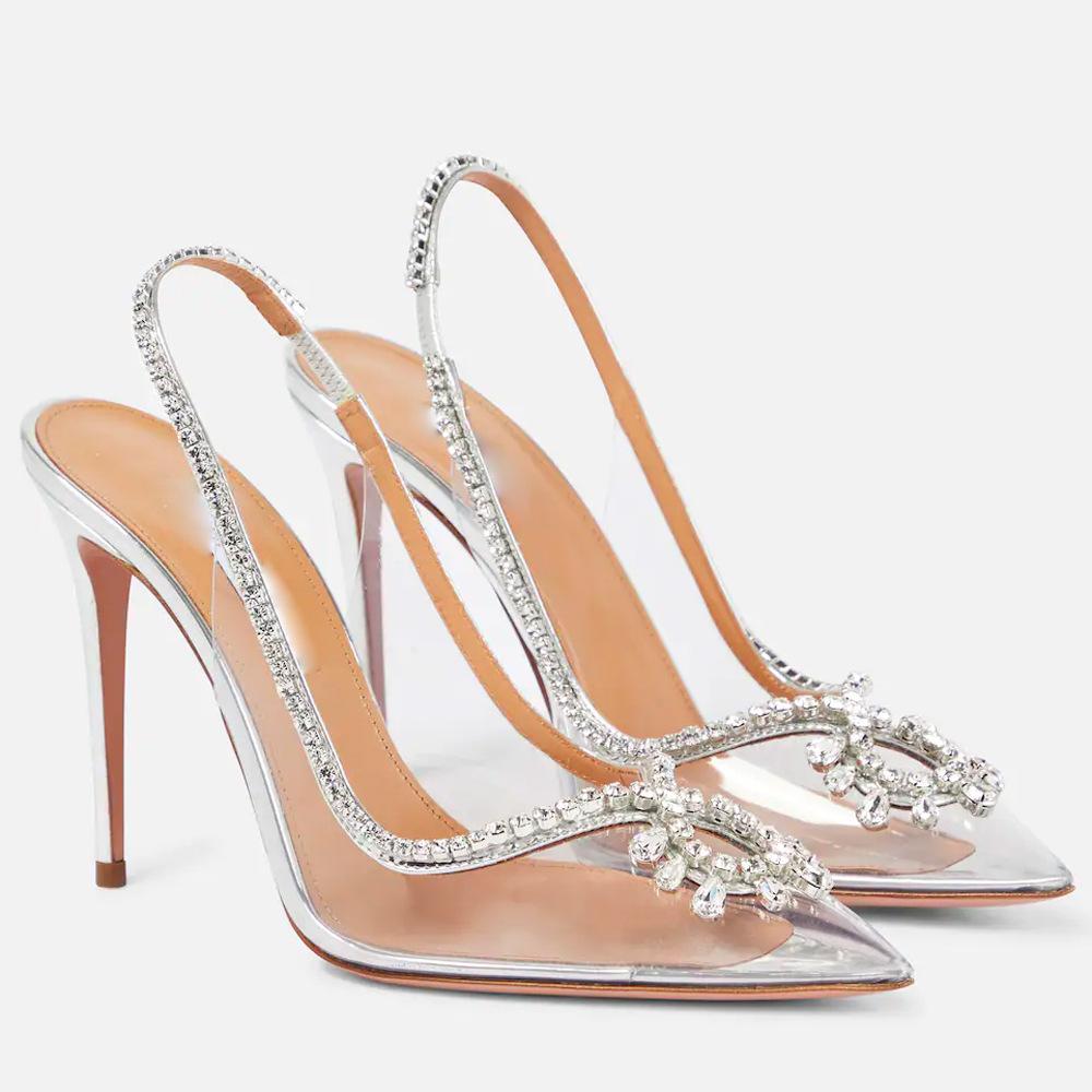 

Весна и лето новый стиль острый носок серебристый прозрачный страз цепочка модные туфли-стилет женские 34