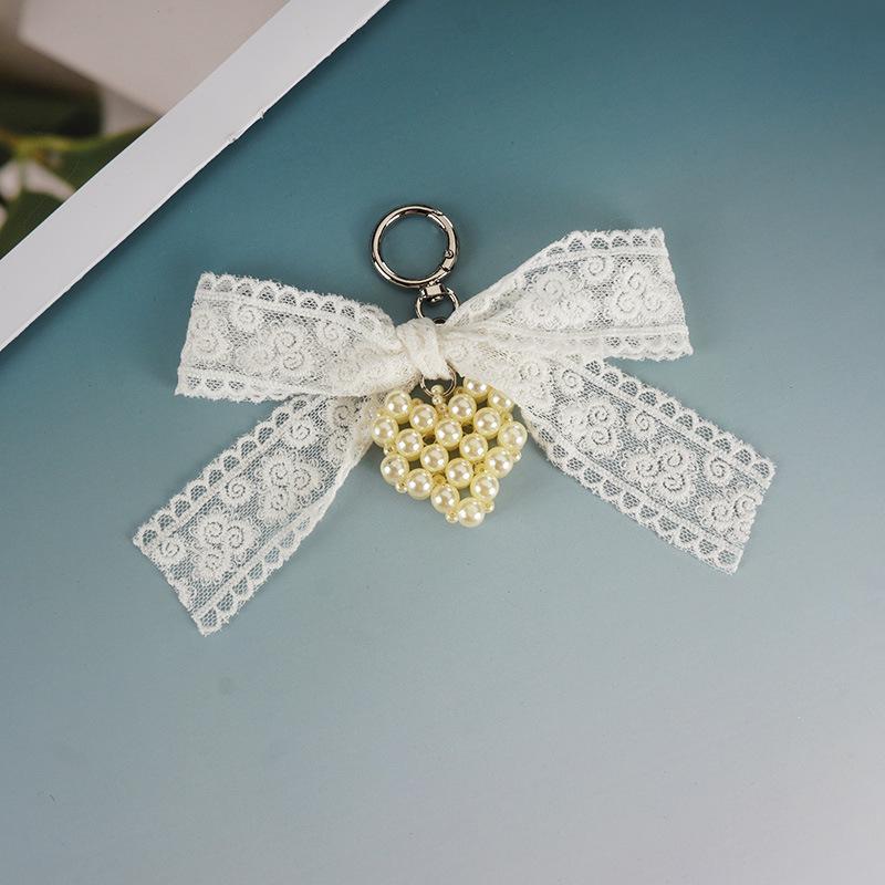 Korean Style Handmade Lace Bow Knot Pendant Keychain with Ballet Heart and Pearl Charm