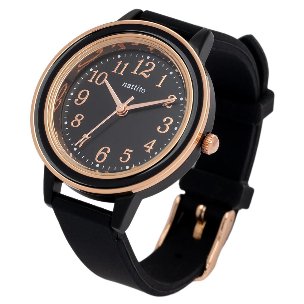 Fieldwork Analog Watch with Silicone Strap and Inner Pink Gold and Women's Ring, Black, JN038-5