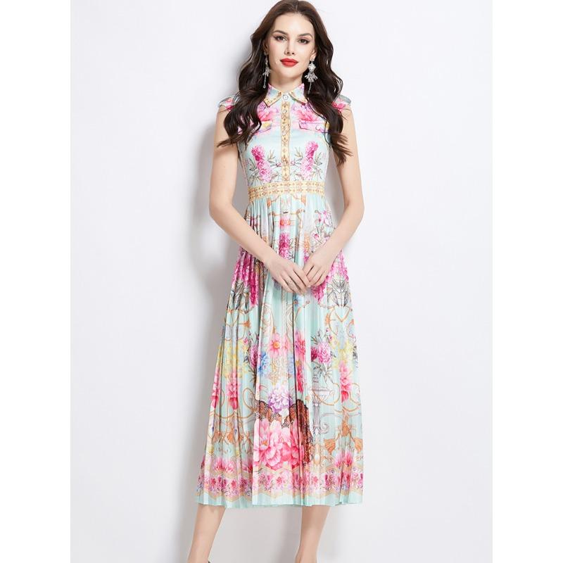 Summer Women Vintage Print Designer Runway Dress Sleeveless Turn-down Collar Shirt Long Maxi Holiday Party Pleated Dresses