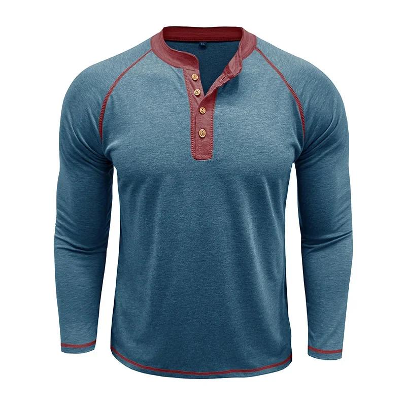 Men's Long Sleeve Henry Neck T-Shirt Fashion Sports Business Casual Tees Tops Man