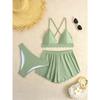 Women's 3 Piece Swimsuit Set Sexy Tie Side Bikini with Skirt Cover Up, Solid Color Swimwear for Summer Beach Vacation 0963