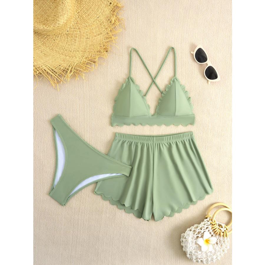 Women's 3 Piece Swimsuit Set Sexy Tie Side Bikini with Skirt Cover Up, Solid Color Swimwear for Summer Beach Vacation 0963
