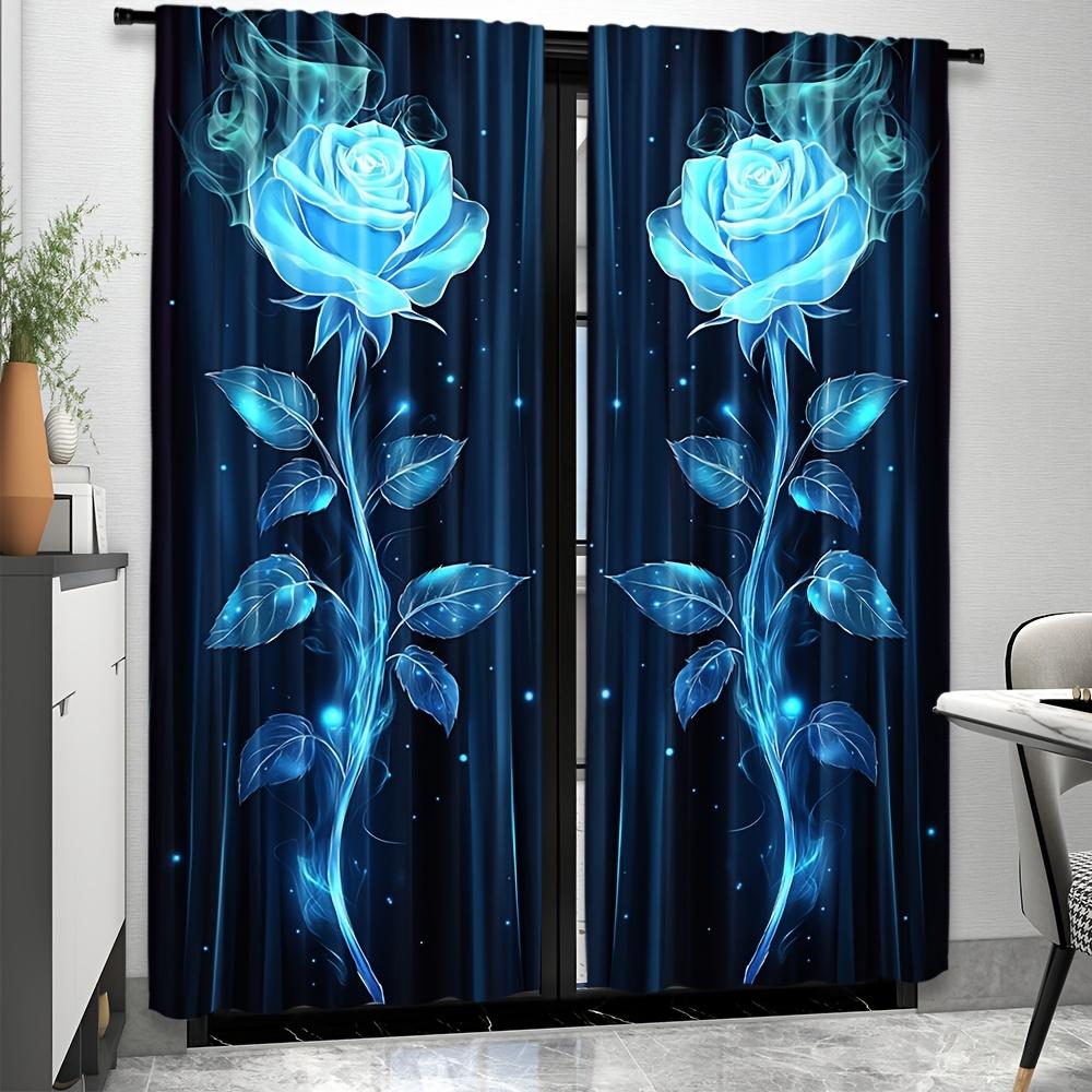 Sheer Blue Rose Curtains Black Background Living Room Bedroom Kitchen Curtain Made Of Polyester With Rod Pocket Washable Great Ready
