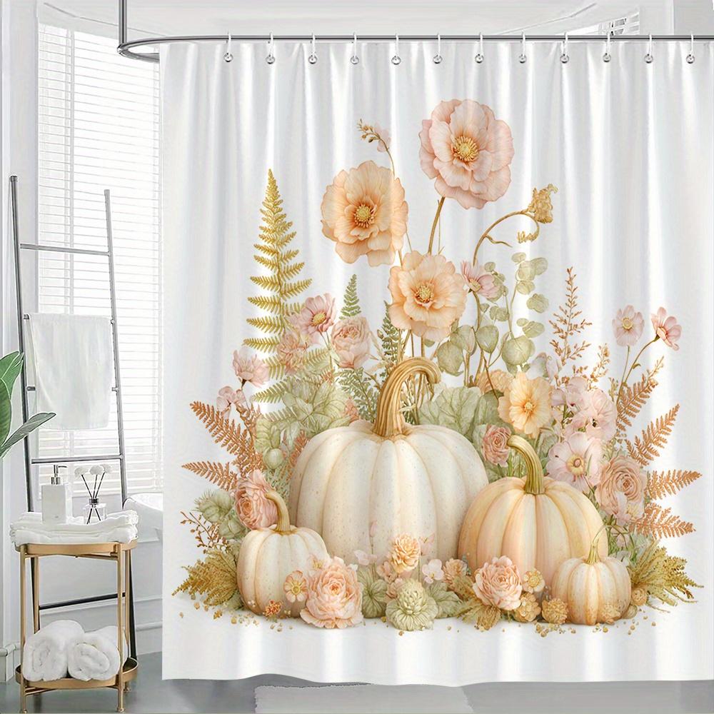 

1pc Fall Shower Curtain Autumn Floral Pumpkin Design with Pink Roses, Greenery & Golden Foliage - Beige & Golden Bathroom Decor, 90x180cm35x71in