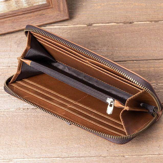 Crazy Horse Leather Men's and Women's Long Wallet, Two Fold Genuine Leather, Pure Top Layer Cowhide, Retro Wallet