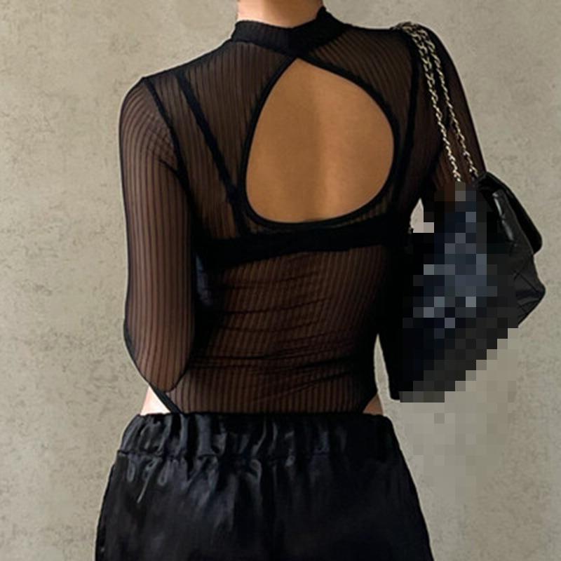 Summer Retro Sexy See Through Striped Mesh Slim Fitting Jumpsuit for Women
