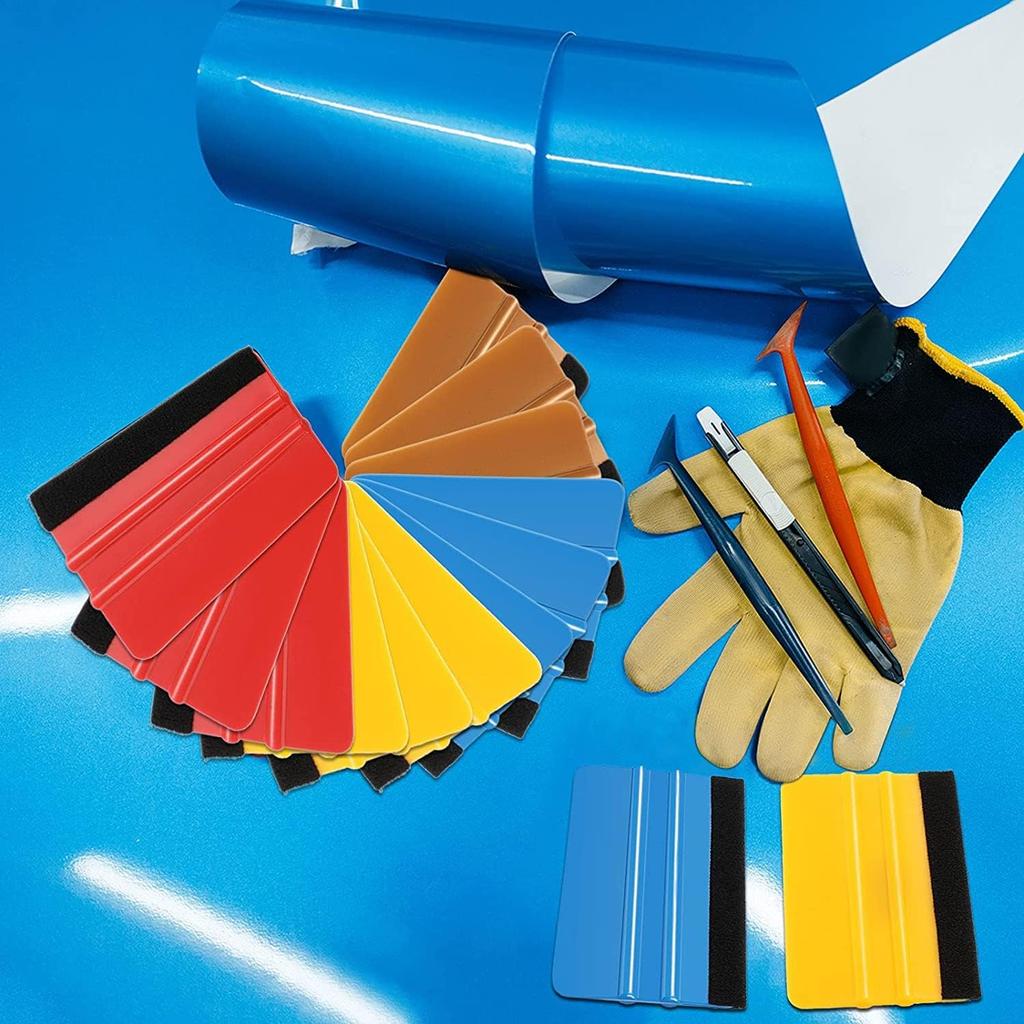 Frienda 12 Pieces Plastic Felt Edge Squeegee Tool Vinyl 4 Inch Felt Squeegee Applicator Tool Scraper Tool with Soft Cloth for Car Vinyl Wrap, Window