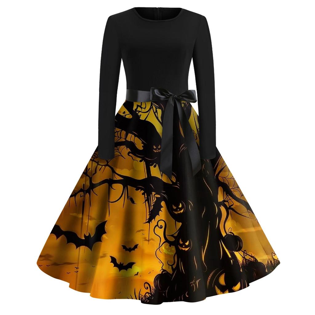 Dámské módní šaty s V-výstřihem, ležérního střihu, slim fit, s halloweenským potiskem, s dlouhým rukávem