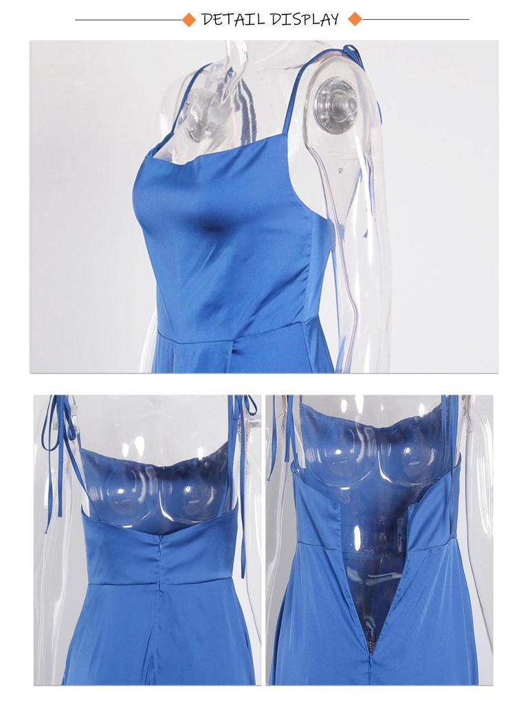 Elegantní saténové večerní šaty na špagetová ramínka se čtvercovým výstřihem a vysokým rozparkem