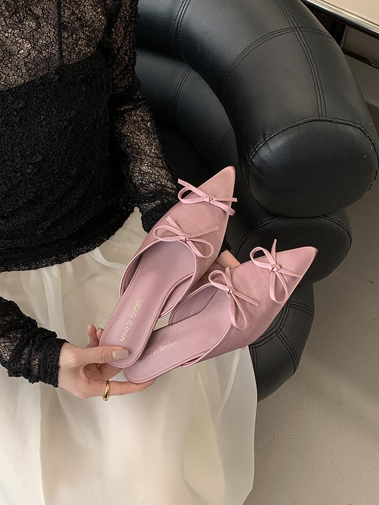 Fashion Fashion Butterfly-Knot Ladies Thin Heels Shoes Pointed Toe Pumps Slides Footwear Women Medium Heels Female Slippers Mules 2025