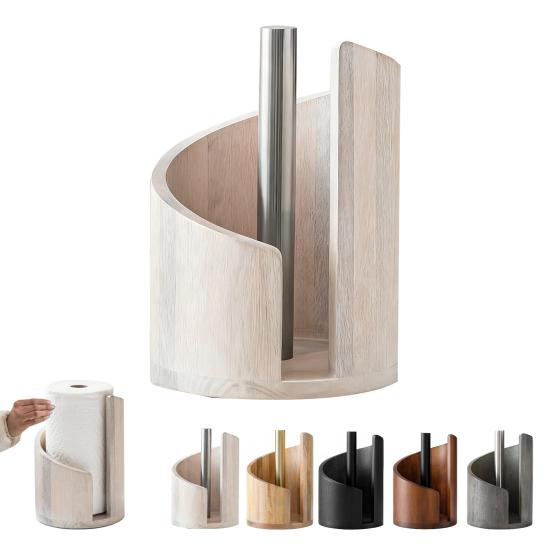 Mountain Paper Towel Holder Countertop with Wood Round Base And Iron Holder One-Hand Tearing Wood Paper Towel Holder for Kitchen Dining Room