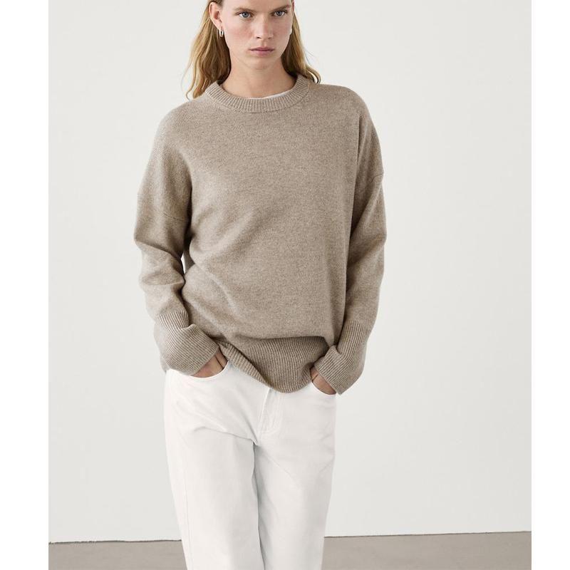 MD Fall and Winter New Women's Clothing Rib Neckline Soft Glutinous Wool Blended Round Neck Long Sleeves Knitwear 5775638